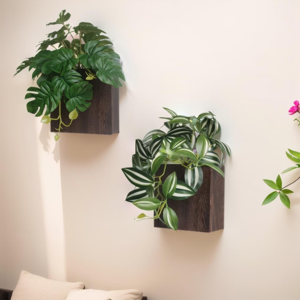 Wood wall planter with artificial monstera plants for luxury bedroom decor