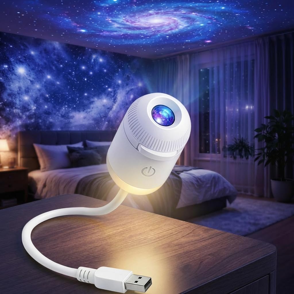 Galaxy star projector creating starry sky effect on bedroom ceiling
