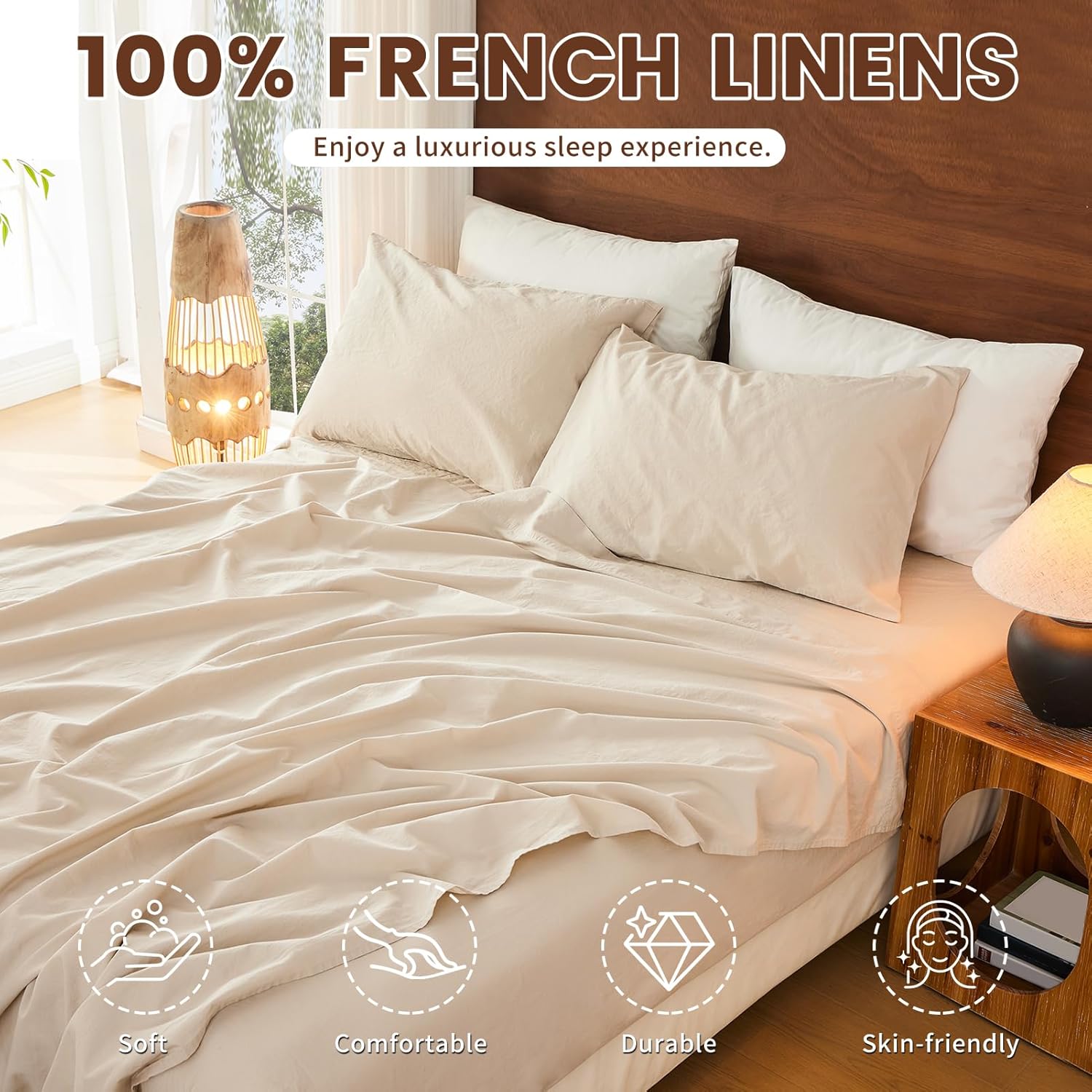 100% French linen bedsheet set in natural sand tone for wabi-sabi bedroom