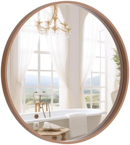 Round wood frame wall mirror for small bedroom