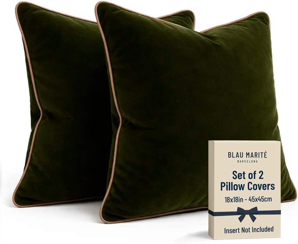 moody bedroom color palette with olive velvet pillow covers