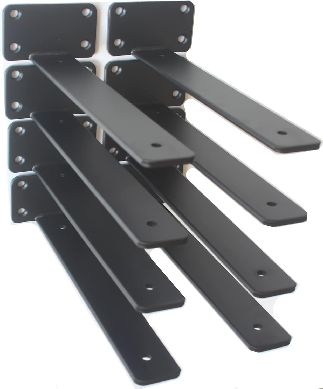 Black industrial L-shelf brackets for open kitchen shelving