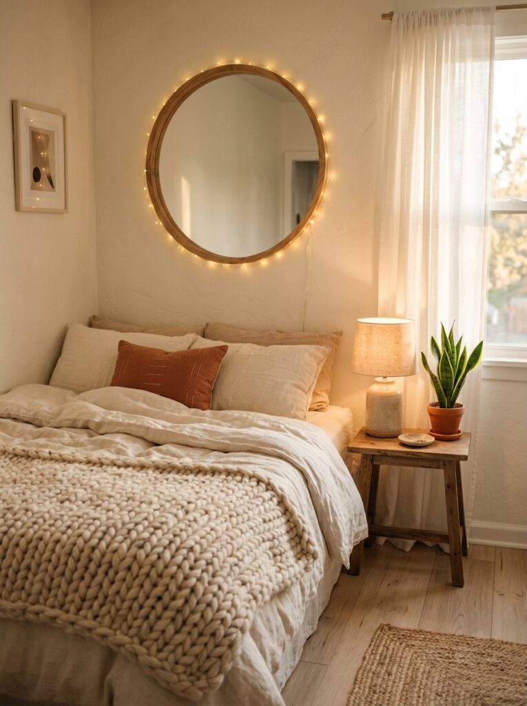 Cozy small bedroom ideas with warm string lights, round mirror, linen bedding and earthy tones for a tiny room makeover
