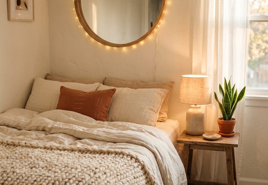 Cozy small bedroom ideas with warm string lights, round mirror, linen bedding and earthy tones for a tiny room makeover