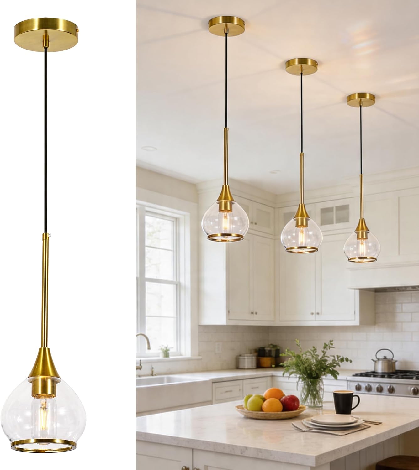 Brushed gold single pendant light with clear glass globe over kitchen island