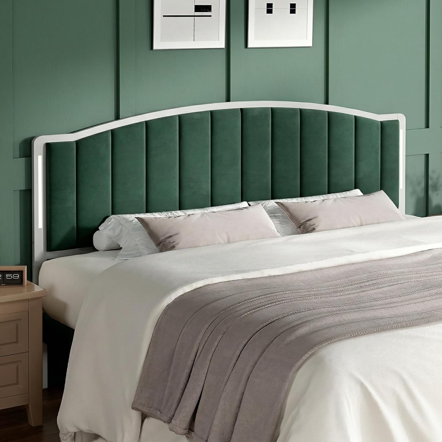 Emerald green velvet tufted headboard with LED lighting for luxury bedroom