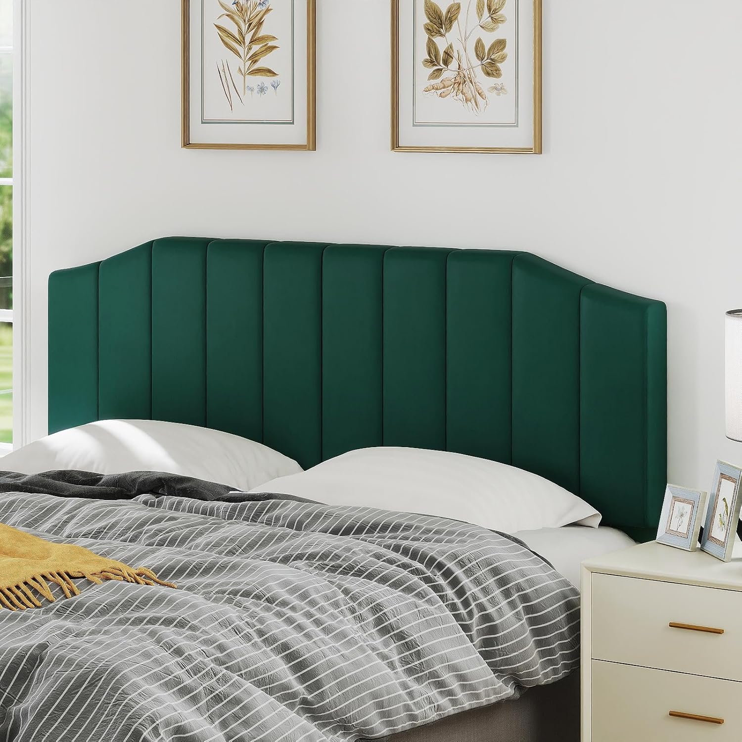 Jade green velvet vertical channel king headboard for luxury master bedroom