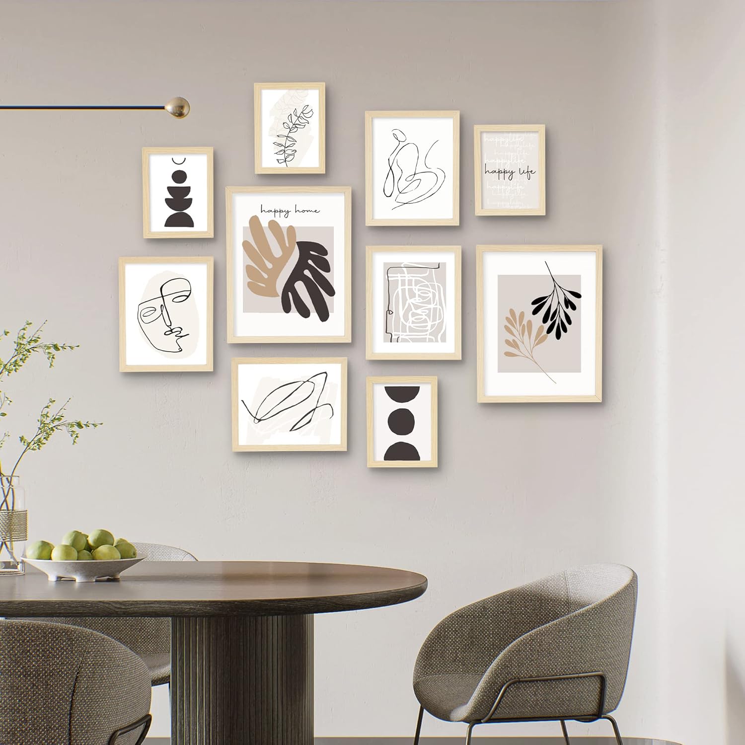 Set of 3 vintage forest sketch framed prints in light oak frames for kitchen gallery wall