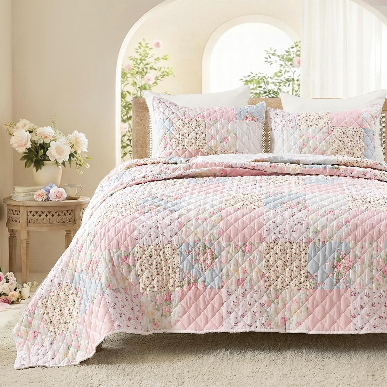 Blush pink handcraft patchwork quilt set for cottagecore luxury bedroom