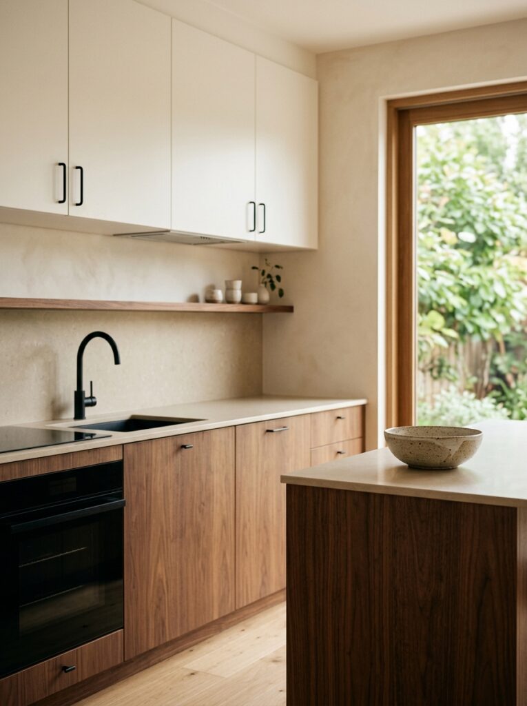Small kitchen ideas 2026 with two-tone warm white and walnut cabinets
