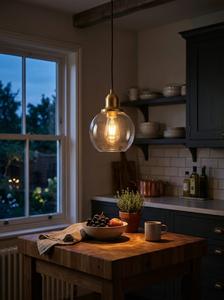 Small kitchen ideas 2026 with single statement pendant light over island