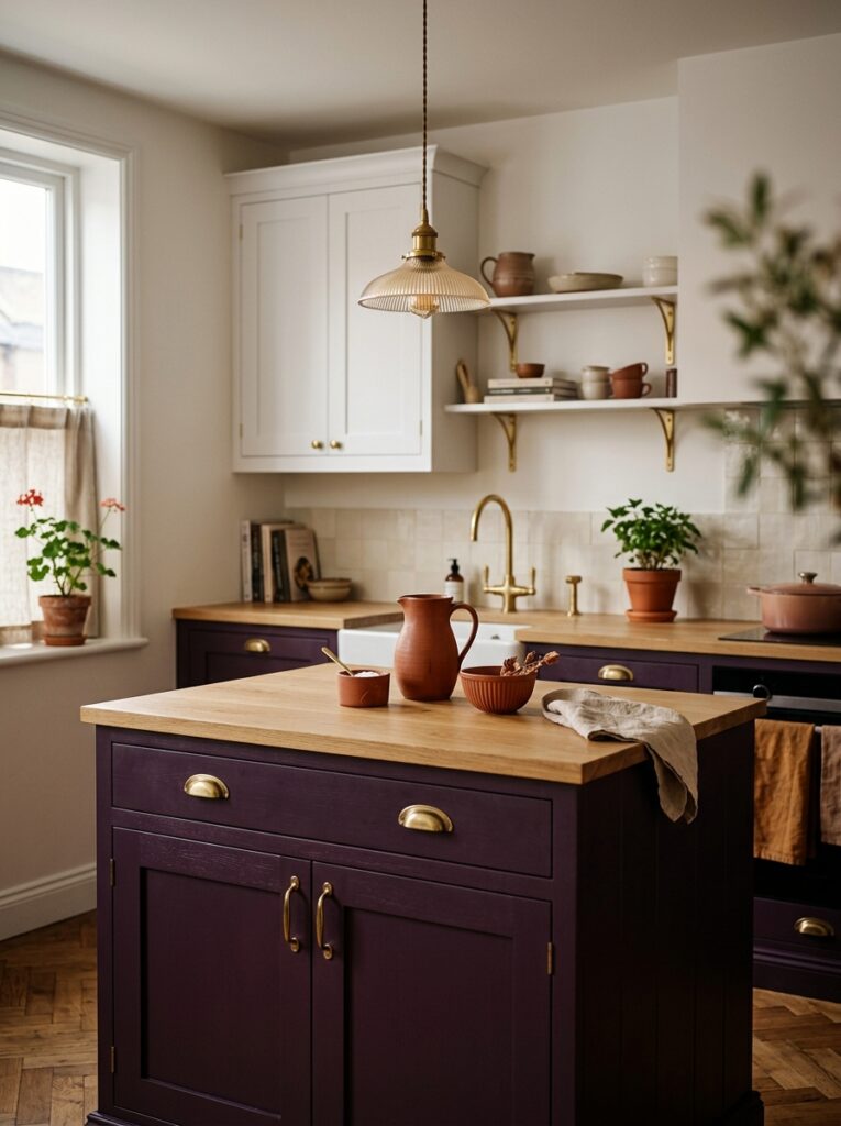 Small kitchen ideas 2026 with bold deep aubergine cabinets