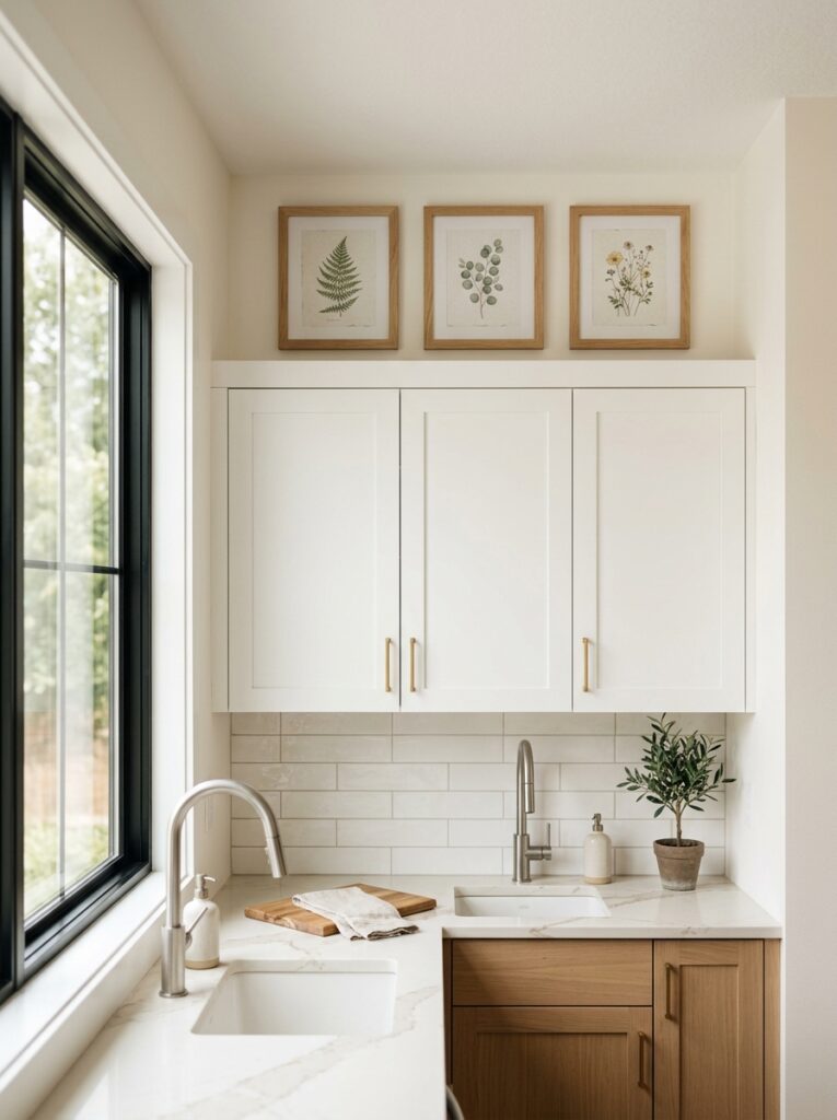 Small kitchen ideas 2026 with framed prints above the cabinets