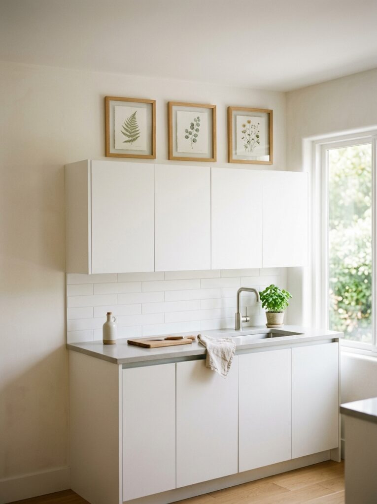 Small kitchen ideas 2026 with gallery wall above the cabinets