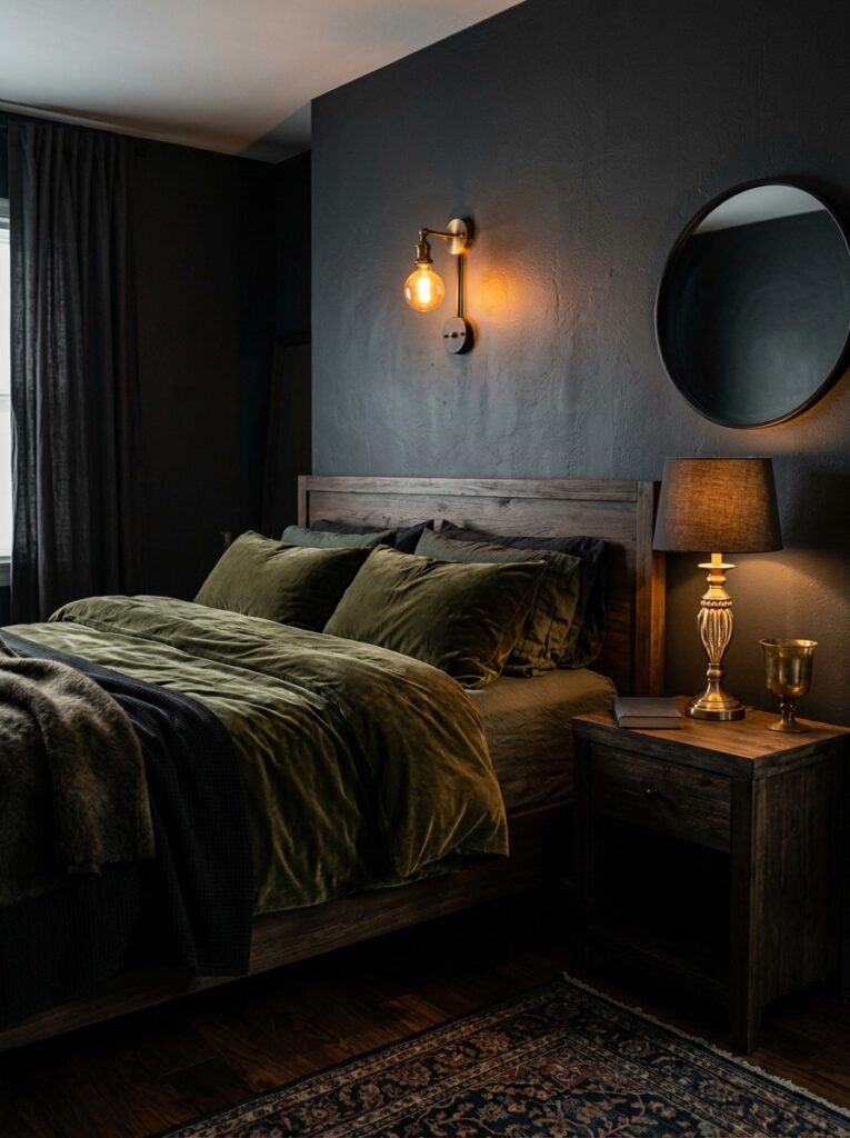 Dark moody bedroom ideas with olive green velvet bedding, round mirror and warm amber wall sconce lighting