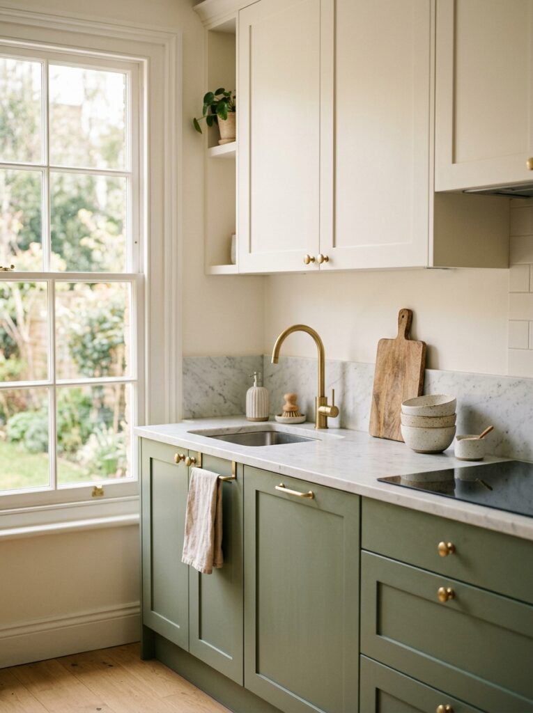 Small kitchen ideas 2026 with sage green and cream mismatched cabinets