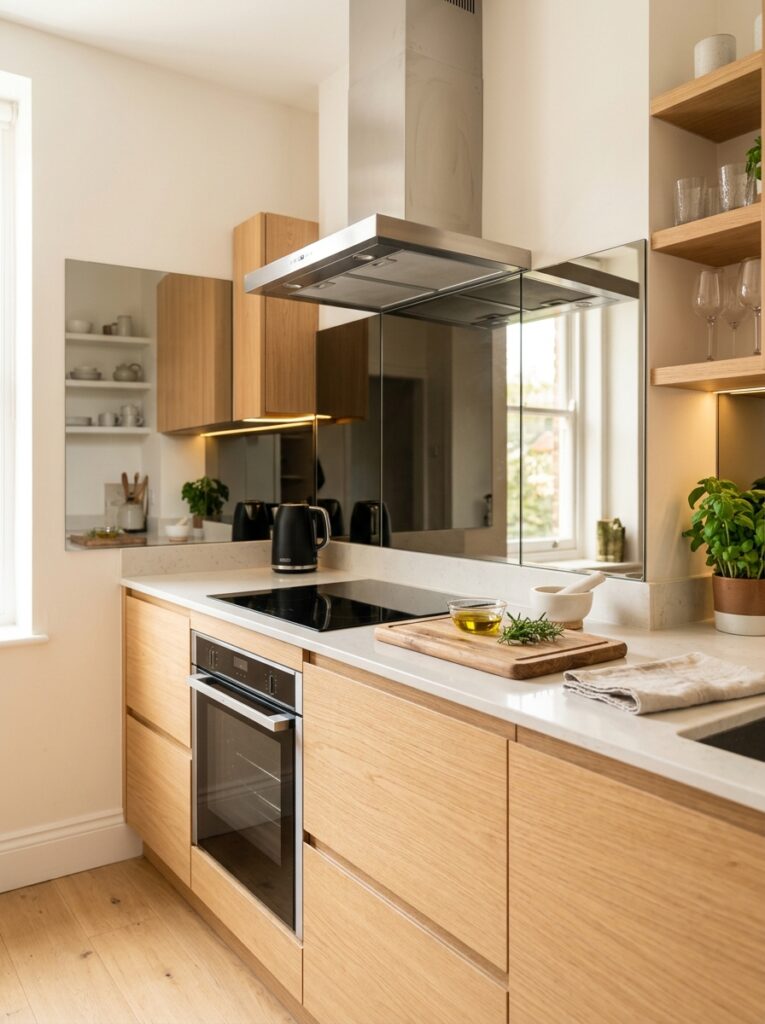 Small kitchen ideas 2026 with mirrored reflective backsplash