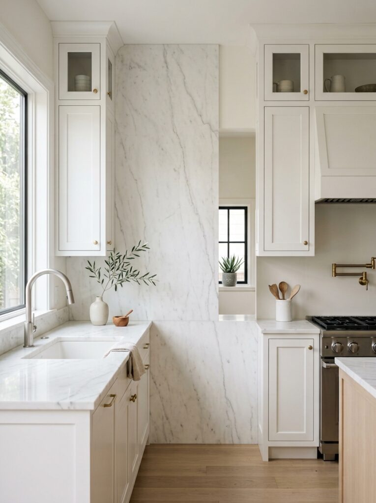 Small kitchen ideas 2026 with full-height marble slab backsplash
