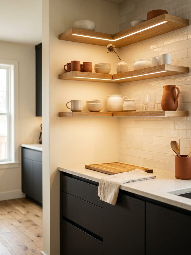 Small kitchen ideas 2026 with open shelving on one wall