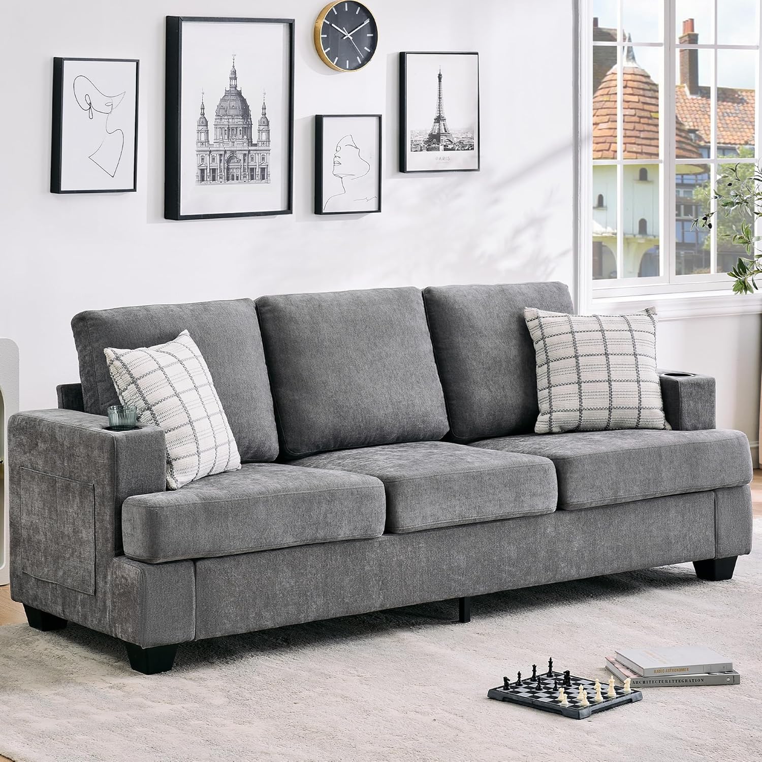 GarveeHome 89 inch 3-seater gray chenille sofa for living room