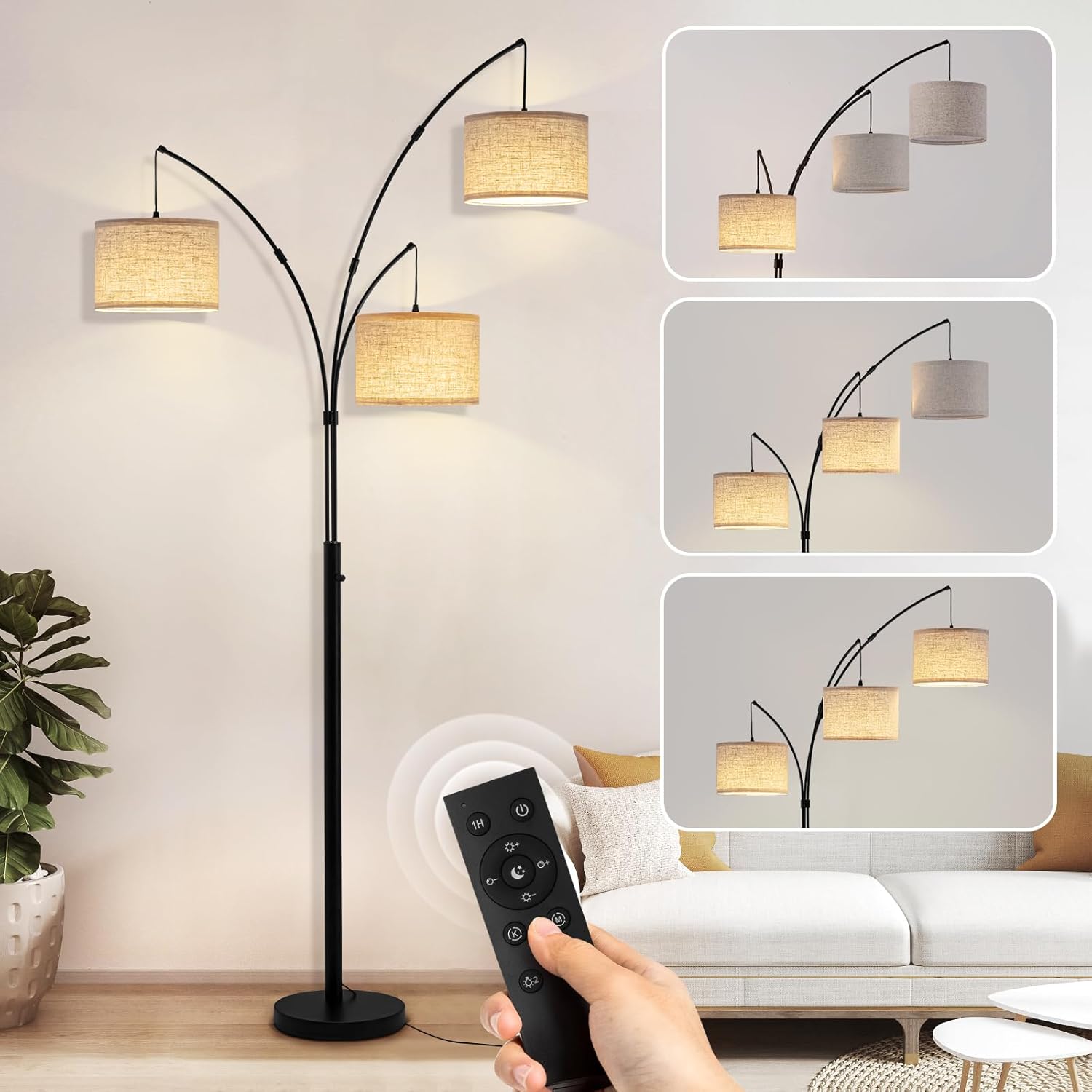 Fansdrick 3-Light Arc Floor Lamp with Remote Control