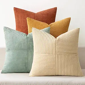 MIULEE corduroy patchwork throw pillow covers in terracotta, sage, and mustard for living room sofa