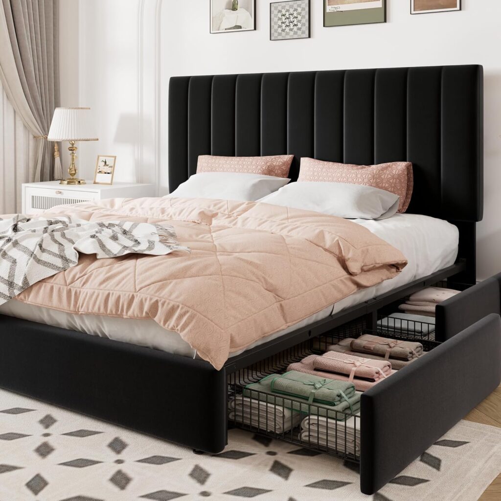 Allewie black velvet storage bed frame for master bedroom