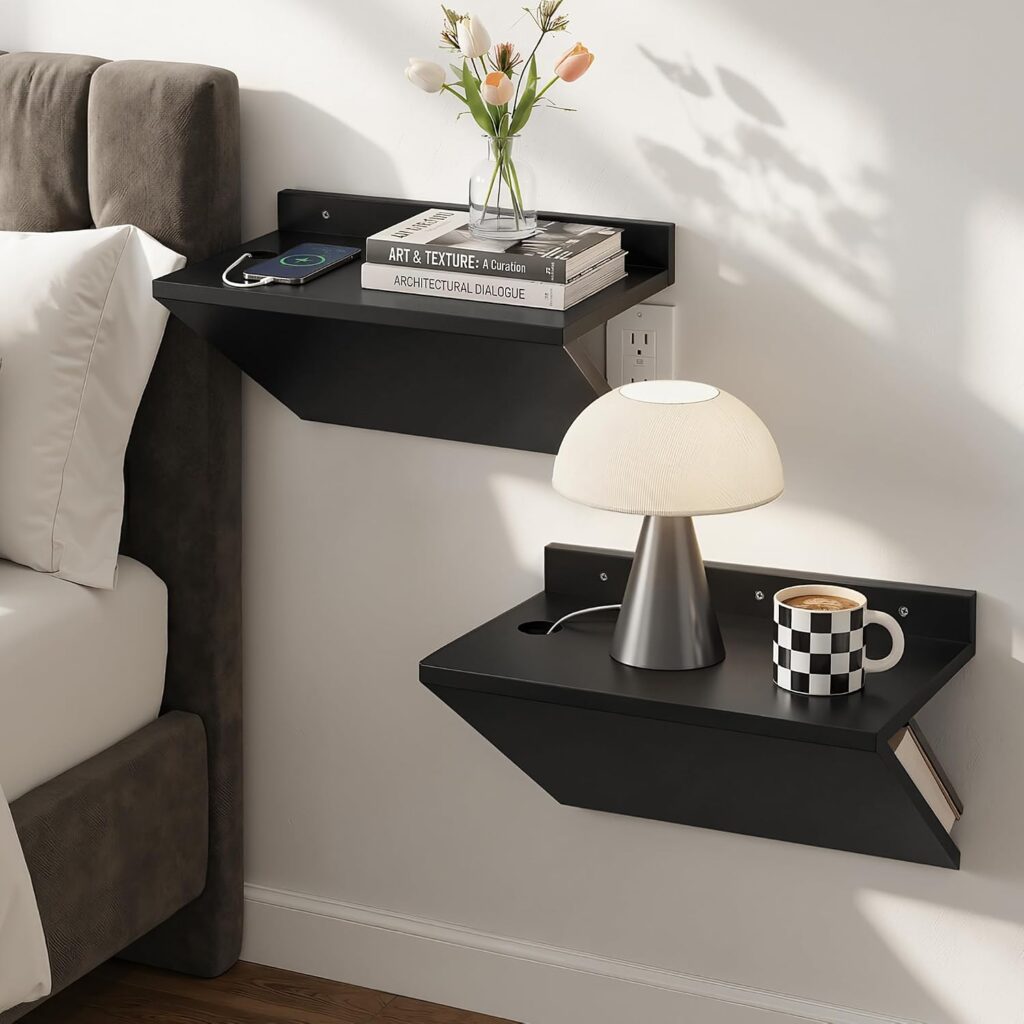 Floating nightstand set of 2 black wall mounted for master bedroom