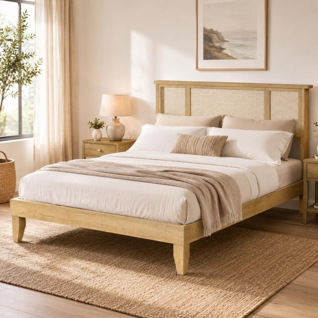 Rattan headboard and wicker nightstand in dark boho bedroom