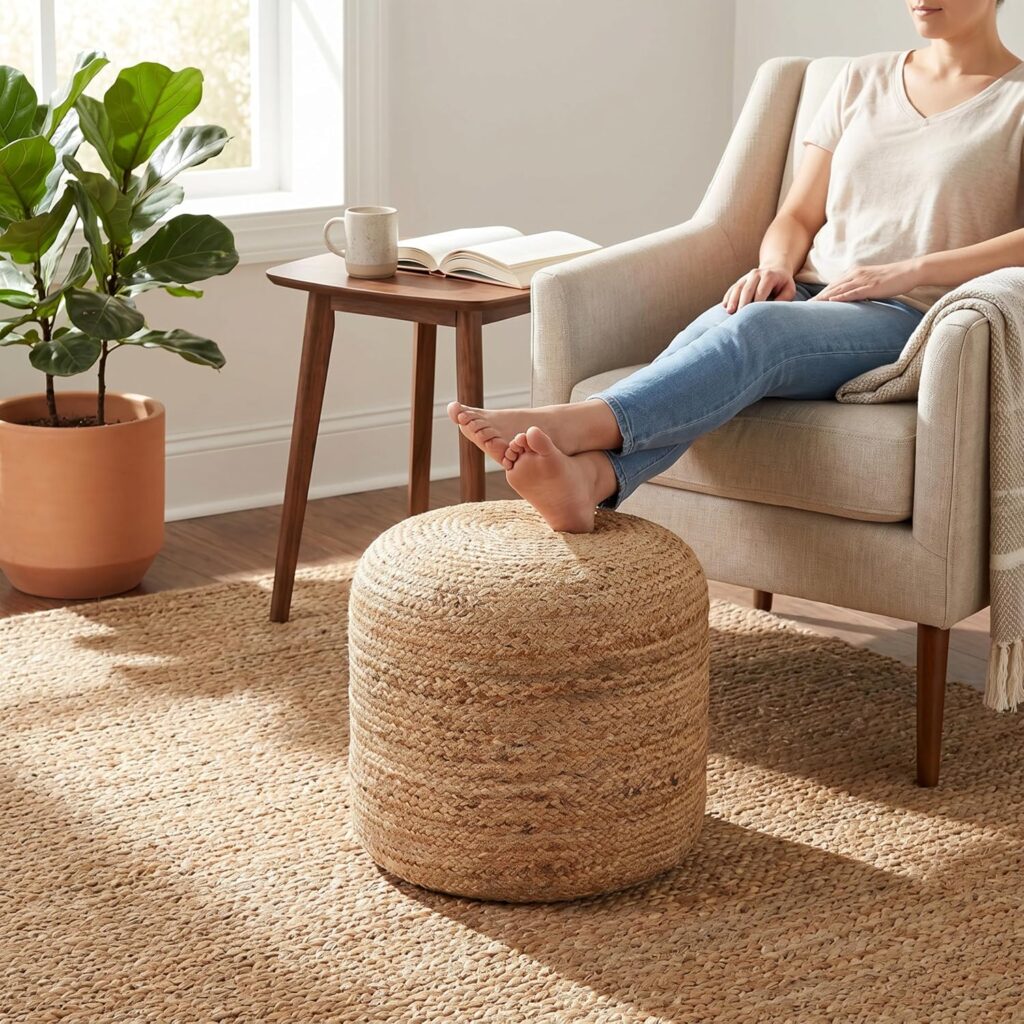 Natural jute pouf ottoman in dark boho bedroom