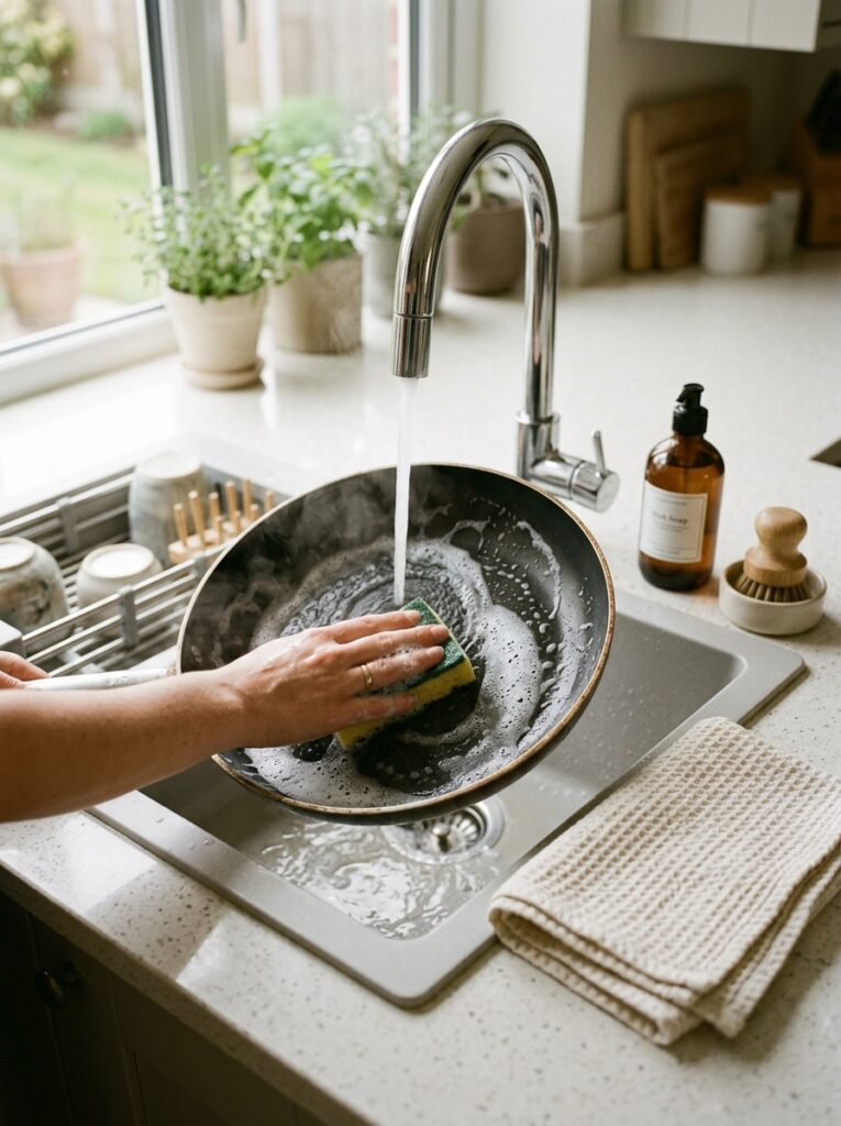 Gently washing a non-stick pan with warm water and mild soap — step-by-step non-stick pan cleaning tips without scratching