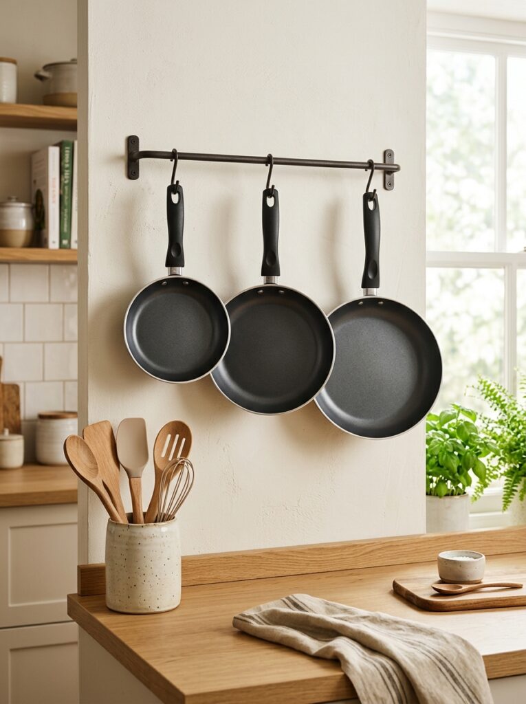 Hanging pans and using wooden utensils — daily habits that support non-stick pan cleaning tips without scratching