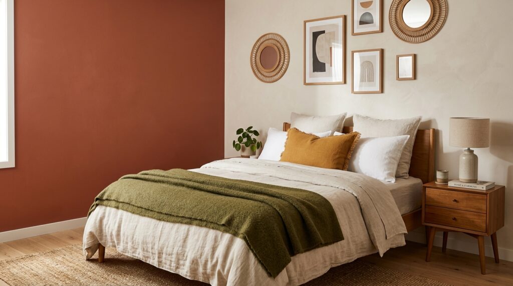 Terracotta and rust color palette in dark boho bedroom