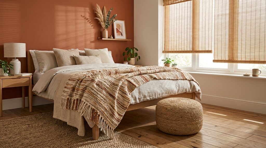 Jute pouf and bamboo blinds in dark boho bedroom