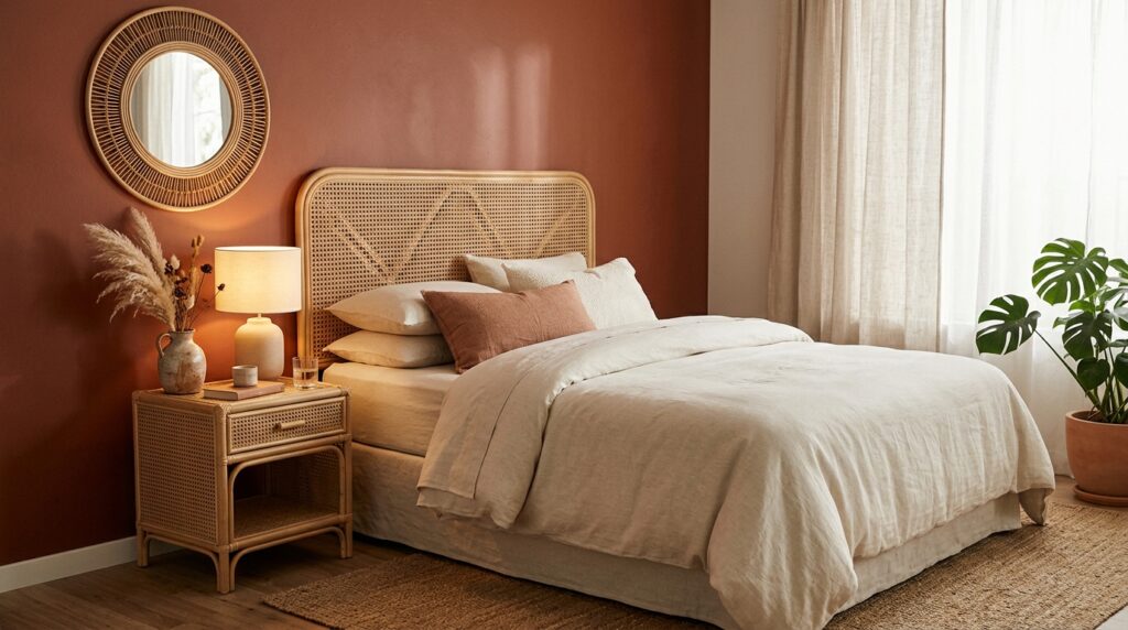 Rattan headboard and wicker nightstand in dark boho bedroom
