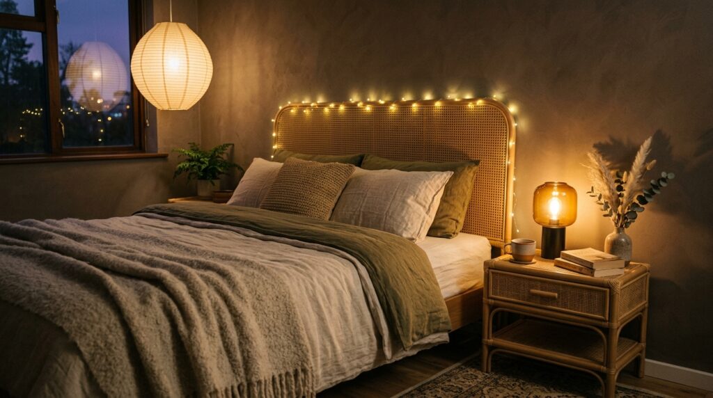 Warm fairy lights on rattan headboard in dark boho bedroom