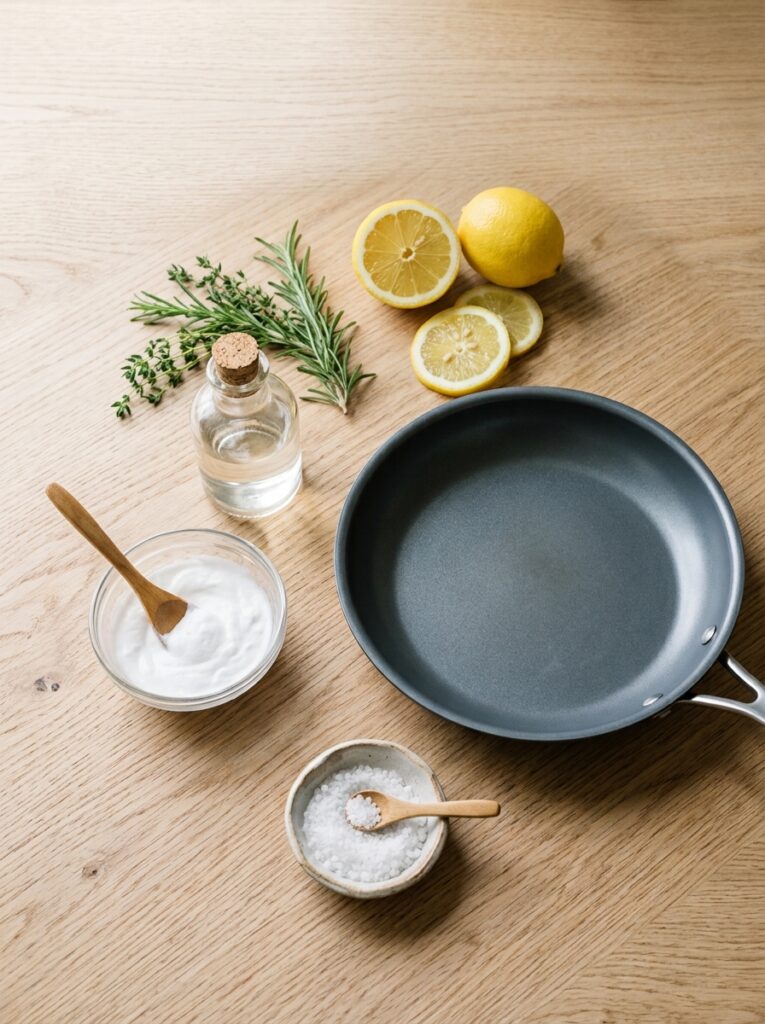 Natural cleaning ingredients like baking soda and vinegar for non-stick pan cleaning tips without scratching