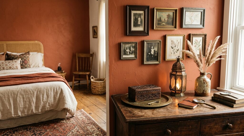 Vintage global decor and gallery wall in boho bedroom