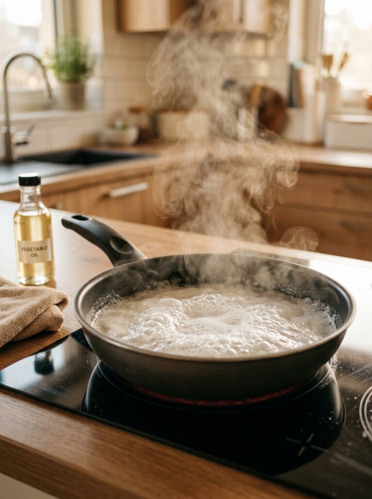 Deep cleaning a non-stick pan with baking soda and vinegar to restore shine — non-stick pan cleaning tips without scratching