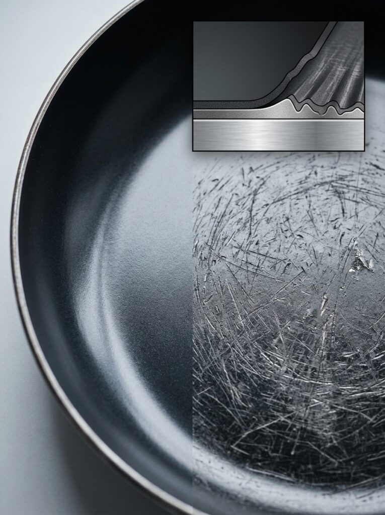 Close-up of non-stick pan coating showing scratches — why pans scratch and how to prevent it with proper cleaning tips