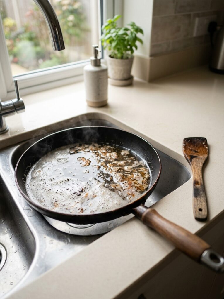 Soaking a non-stick pan in warm water to remove stuck-on food — gentle non-stick pan cleaning tips without scratching