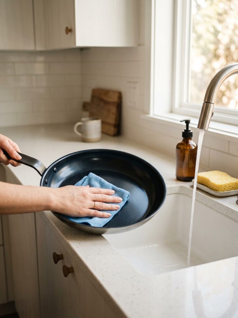Best non-stick pan cleaning tips without scratching — gently cleaning a non-stick pan with a soft sponge and mild soap
