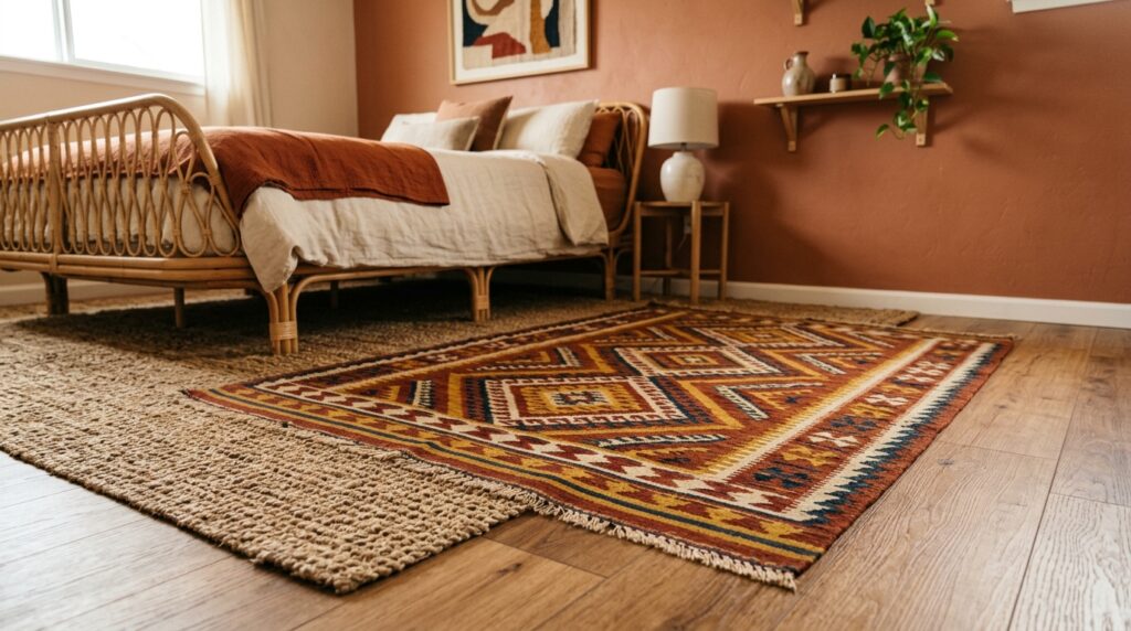Layered kilim and jute rugs in dark boho bedroom