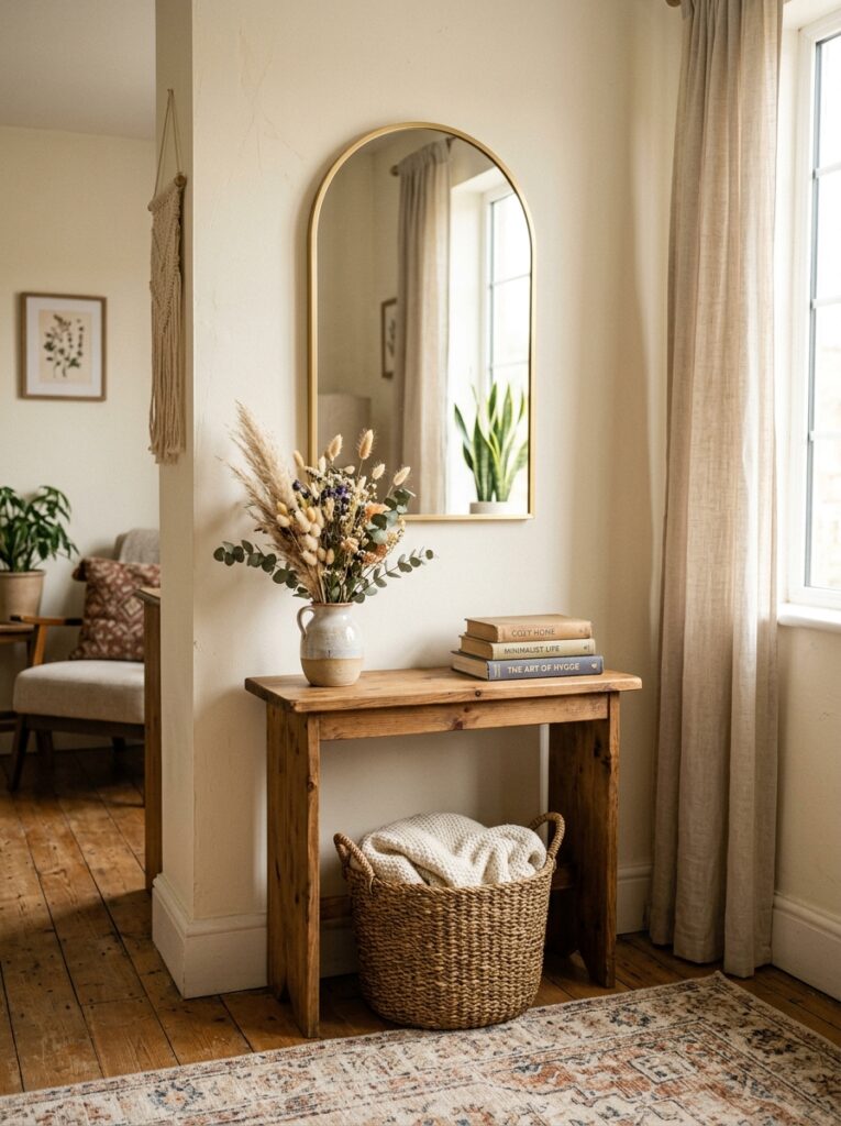 Small budget-friendly arched gold mirror above console table in living room