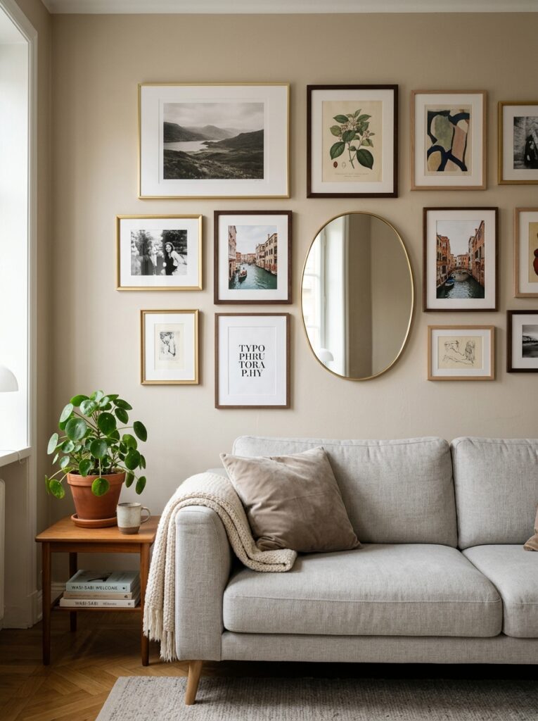 Gallery wall mixing oval mirror with art frames in living room