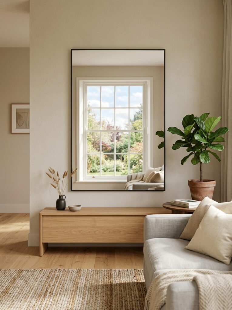 Living room mirror placed opposite a window at eye level to reflect natural light