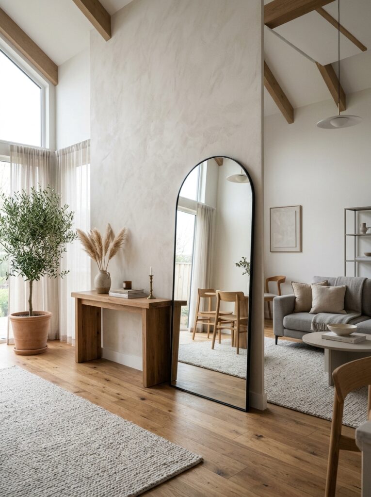 Large arched black frame floor mirror leaning against living room wall
