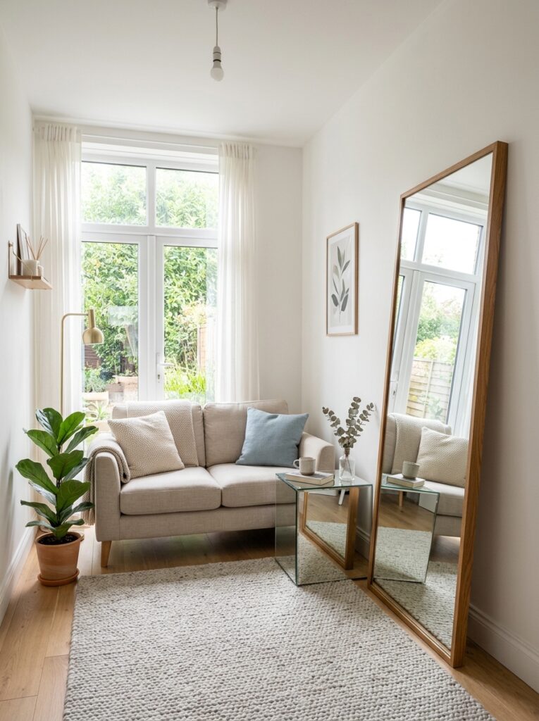 Full-length leaning mirror making a small living room feel bigger and brighter