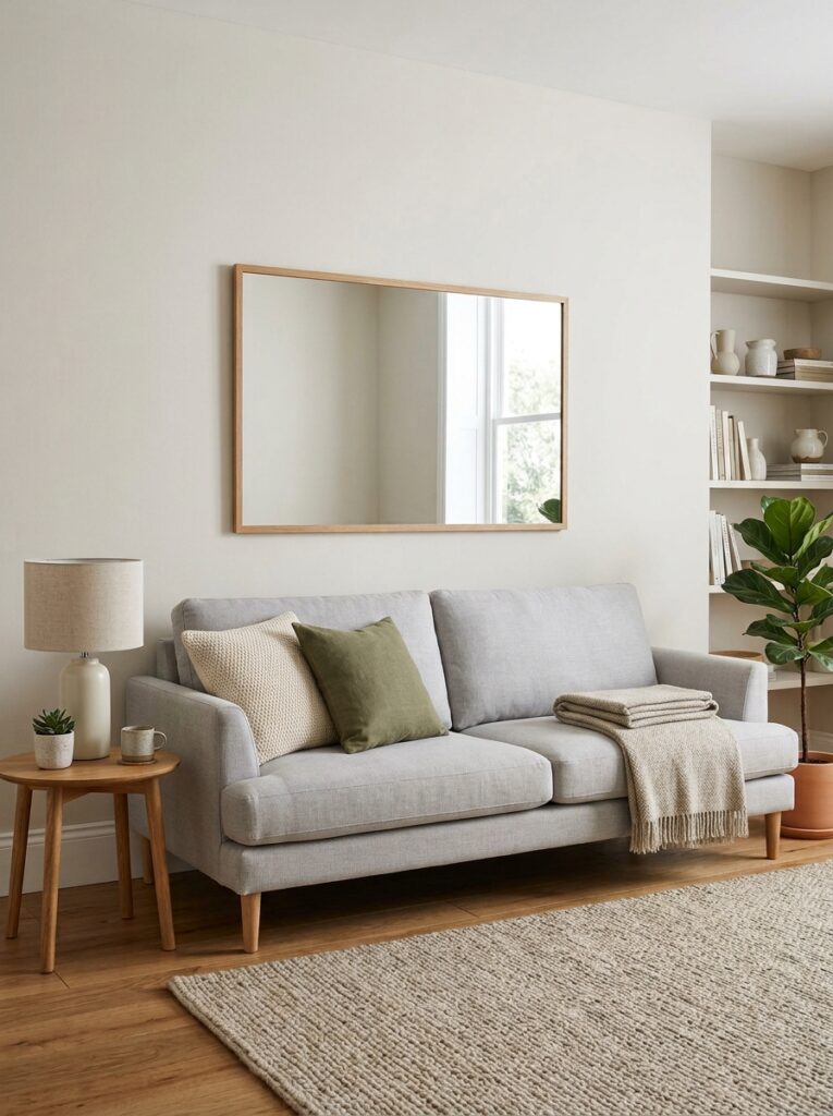 Mirror correctly centered above sofa with proper spacing in living room