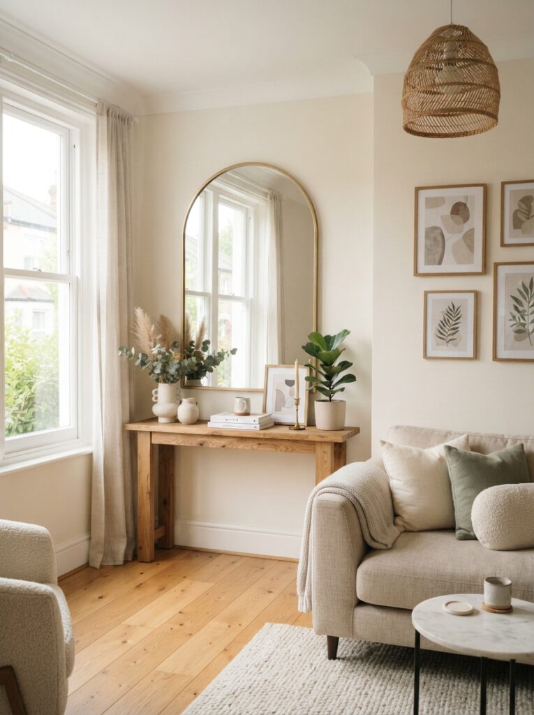 Living room mirror ideas showing a large gold-framed mirror above a console table reflecting natural light